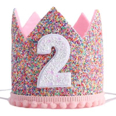 Glitter Födelsedagskrona för 2-årskalas, Justerbar Födelsedagshatt för Barn Rosa Prinsessdekorationer Presenter, Fest,S