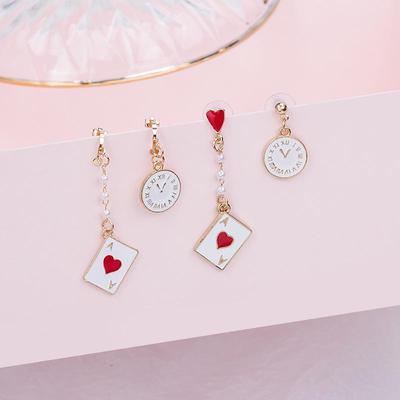 Korean Asymmetrical Playing Card Clock Earrings with Pearl Studs