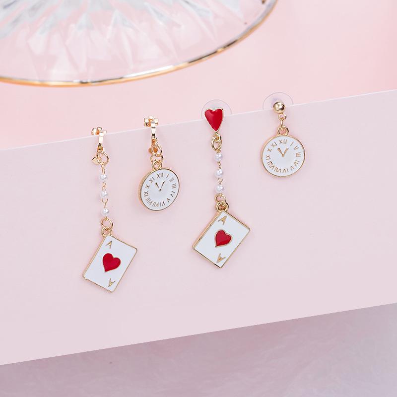 Korean Asymmetrical Playing Card Clock Earrings with Pearl Studs