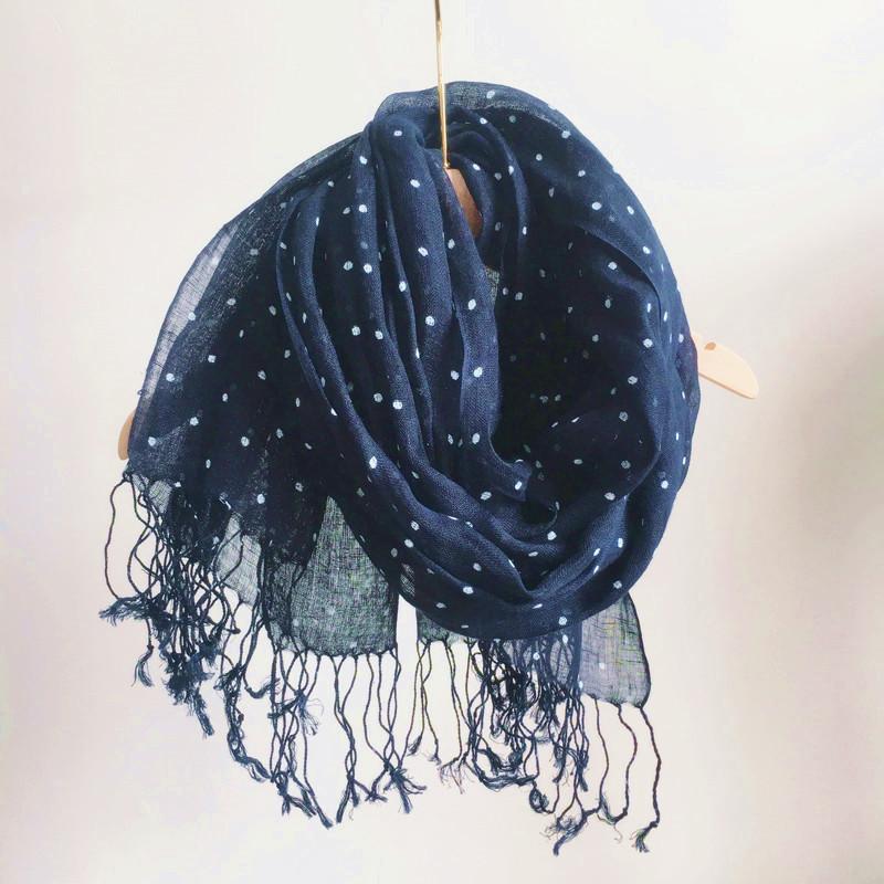 Navy Blue Scarf Japanese Style Pure Linen Printed Women'S Scarf Beach Sunscreen Silk Scarf