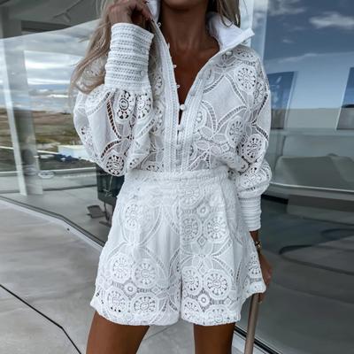 2 szt./zestaw Kołnierz stójka Długi rękaw Jednorzędowy Wysoki stan Damski strój Haft Dziurkowany