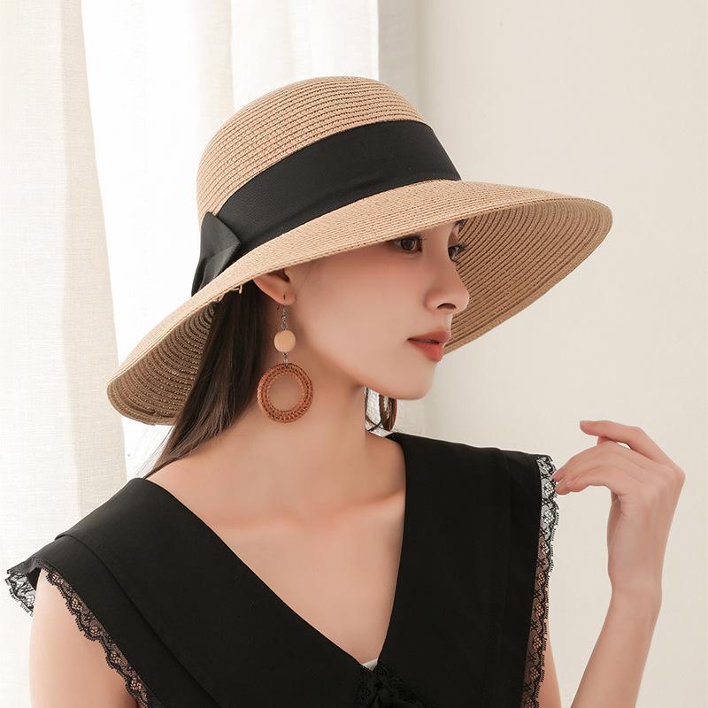 

Соломенная шляпа с бантом, элегантная французская летняя шляпа от солнца, складная дорожная пляжная шляпа для женщин, повседневное использование - интимный дизайн, наслаждайтесь комфортом шляпы one size хаки