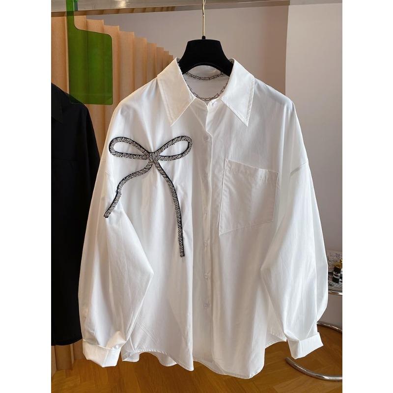 

Bow Patterned Women s Shirt Embroidered Design Single Breasted Ladies Pocket Shirts Korean Style Casual Chic Famale Top XXL білий