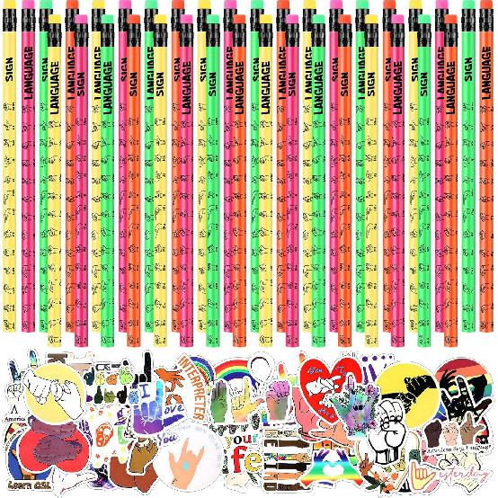 136 Pcs Sign Language Gift Set Including 36 Pcs Sign Language Pencils and 100 Pcs ASL Waterproof Stickers PVC n Sign Language Stickers Incentive Gift
