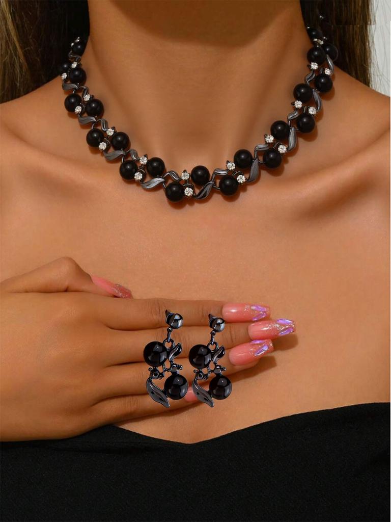 Vintage Turquoise Artificial Pearl Inlay Jewelry Set Necklace Earrings Elegant Statement Accessories for Women