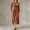 Women's Fashion Velvet Dress - Long Sleeve, Tie Waist, Side Slit, Slim Fit