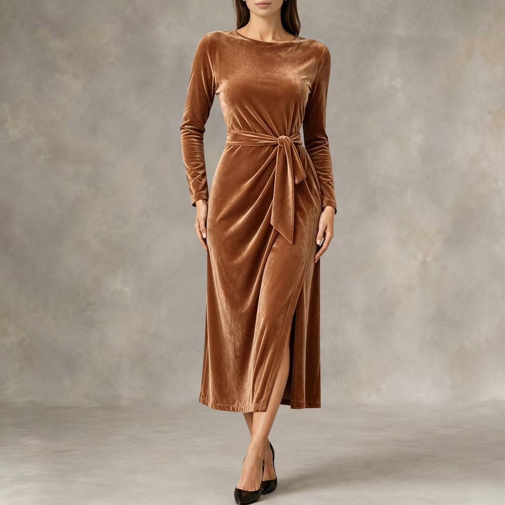 Women's Fashion Velvet Dress - Long Sleeve, Tie Waist, Side Slit, Slim Fit