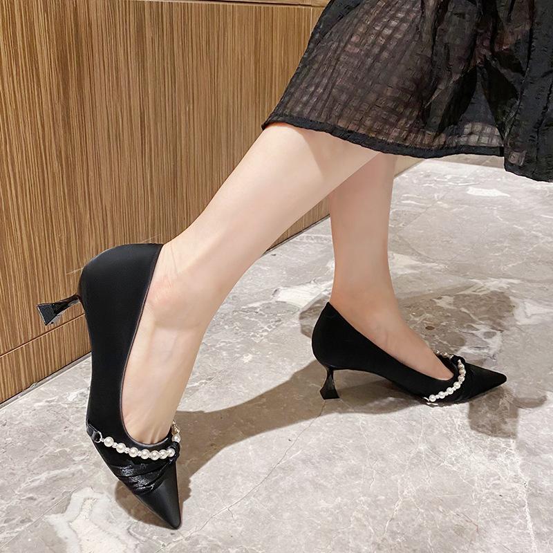 Pearl Chain Single Shoes Femininity Kitten Heels Pointed Head Shallow Mouth Stiletto High Heels Children B318-AR9 Fashion