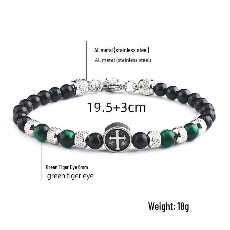 Men's 6mm Tiger Eye Beaded Bracelet with Stainless Steel Cross
