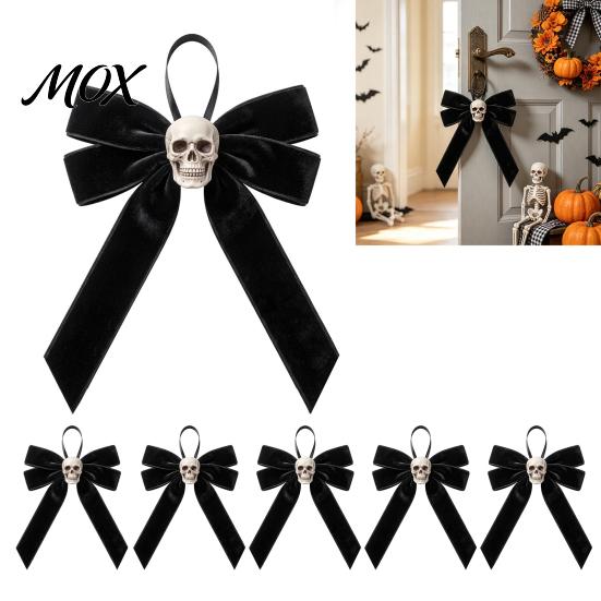 Retro Distressed Skull Accessory Halloween Velvet Bows with Ornaments for Tree Decoration, Black Flannel Skeleton Wall Decor Gothic Bow Hanging
