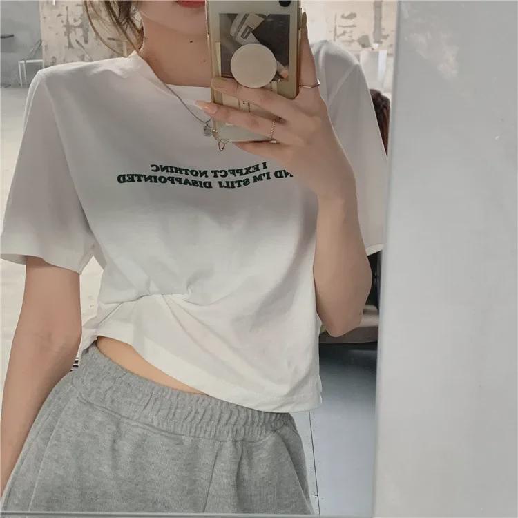 2025 Summer Women's Loose Short-Sleeve Crop Top with Letter Print