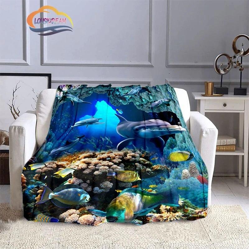 Marine Life Blanket Fashion Marine Organism Oceanic Dolphins Flannel Quilt Cover Travel Bedding Throw Bedspread