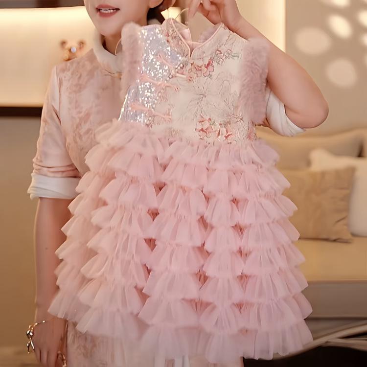 2026 New Year Girls' Floral Retro Chinese Style Padded Vest Dress