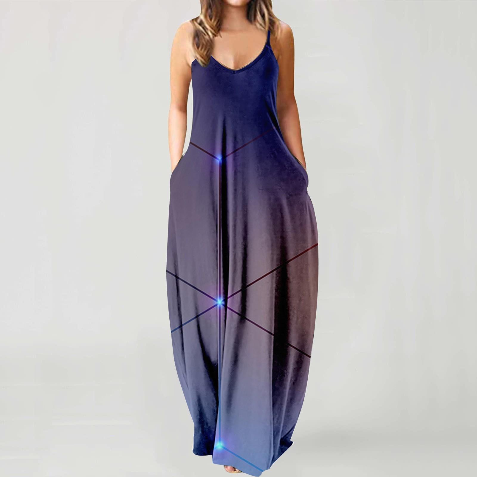 Women Casual Tie Dyed Print Drawstring Gradient Rendering Sling Long Dress XXL синий