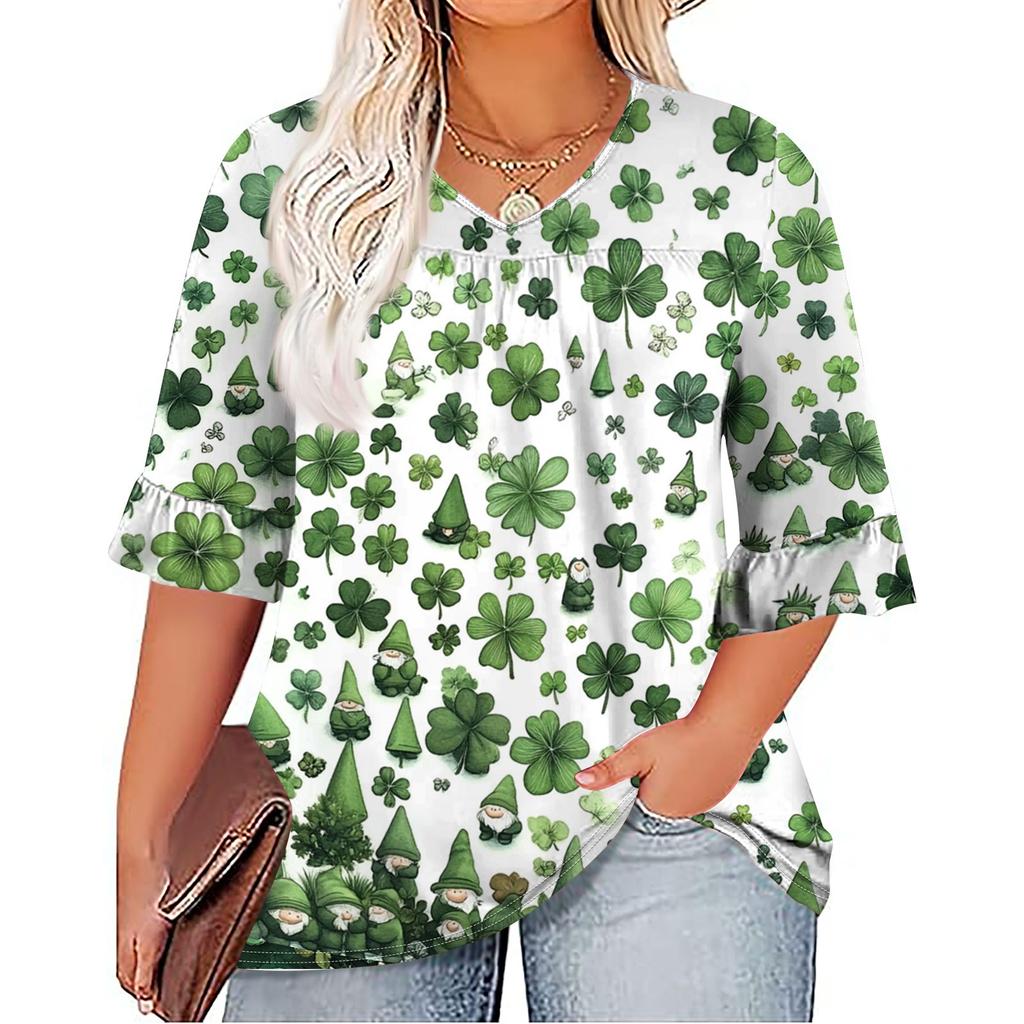 Women's Fashion Casual  Printed V-Neck Pleated Seven Minute Sleeve Ruffle Sleeve T-Shirt Plus Size Tops