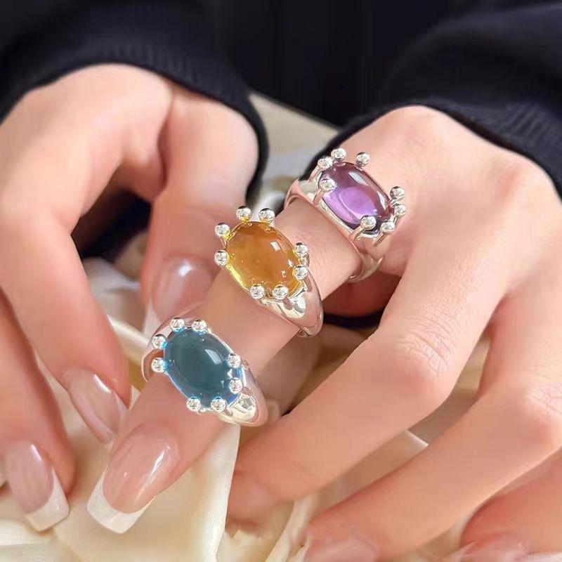 Vintage Sweet Design Colorful Opal Rings for Women Exaggerated Metal Geometric Round Gem Open Rings Aesthetic Jewelry Gift