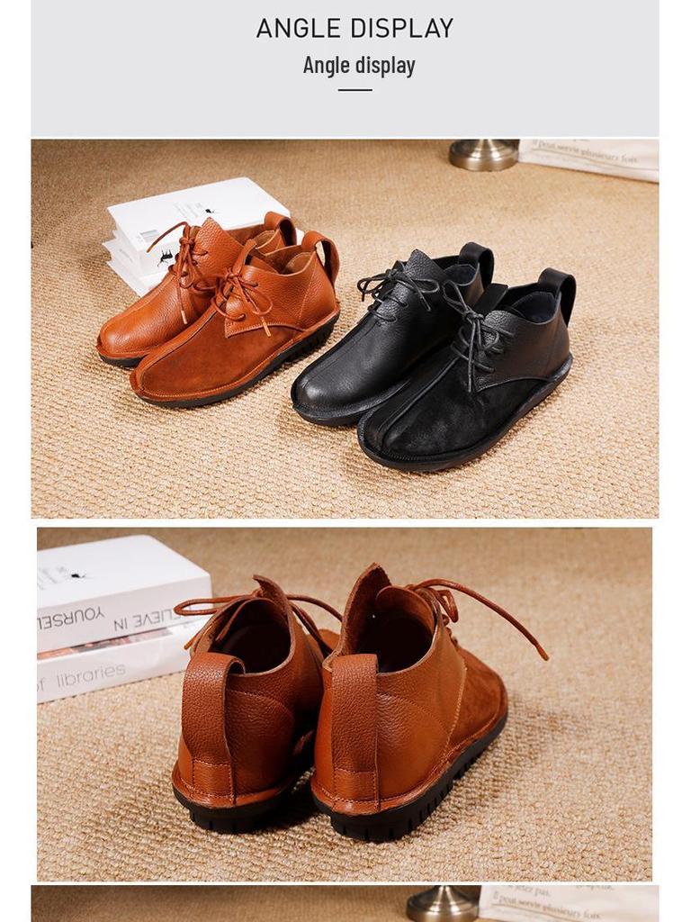 Women's High-Top Genuine Leather Ankle Boots - Soft Sole, Flat Heel, Lace-Up, Comfortable & Lightweight, 2025 Autumn/Winter Collection