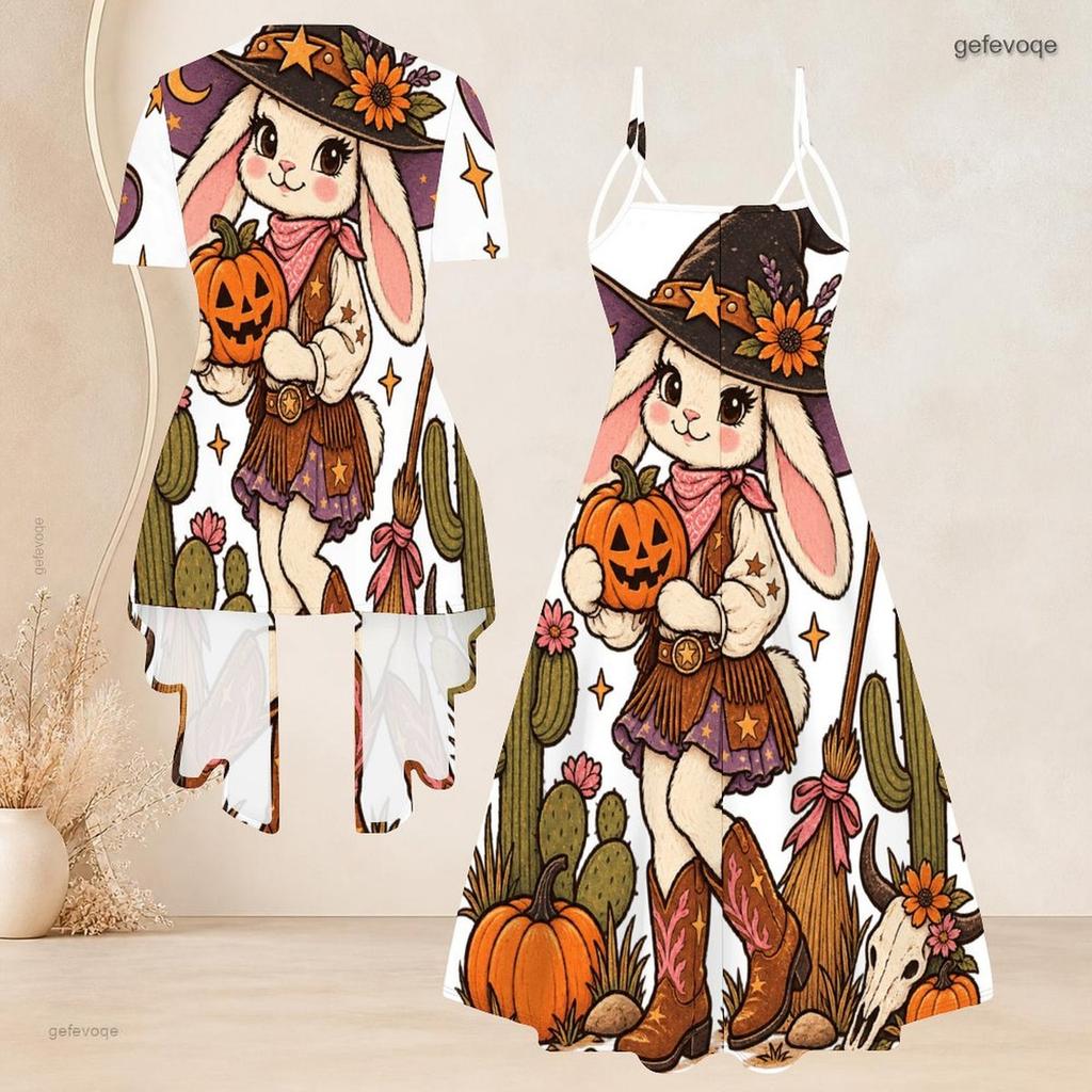 Women Plus Size Two Piece Set White Halloween Ghost Printed Short Sleeve Cardigan V Neck Strappy Flared Dress