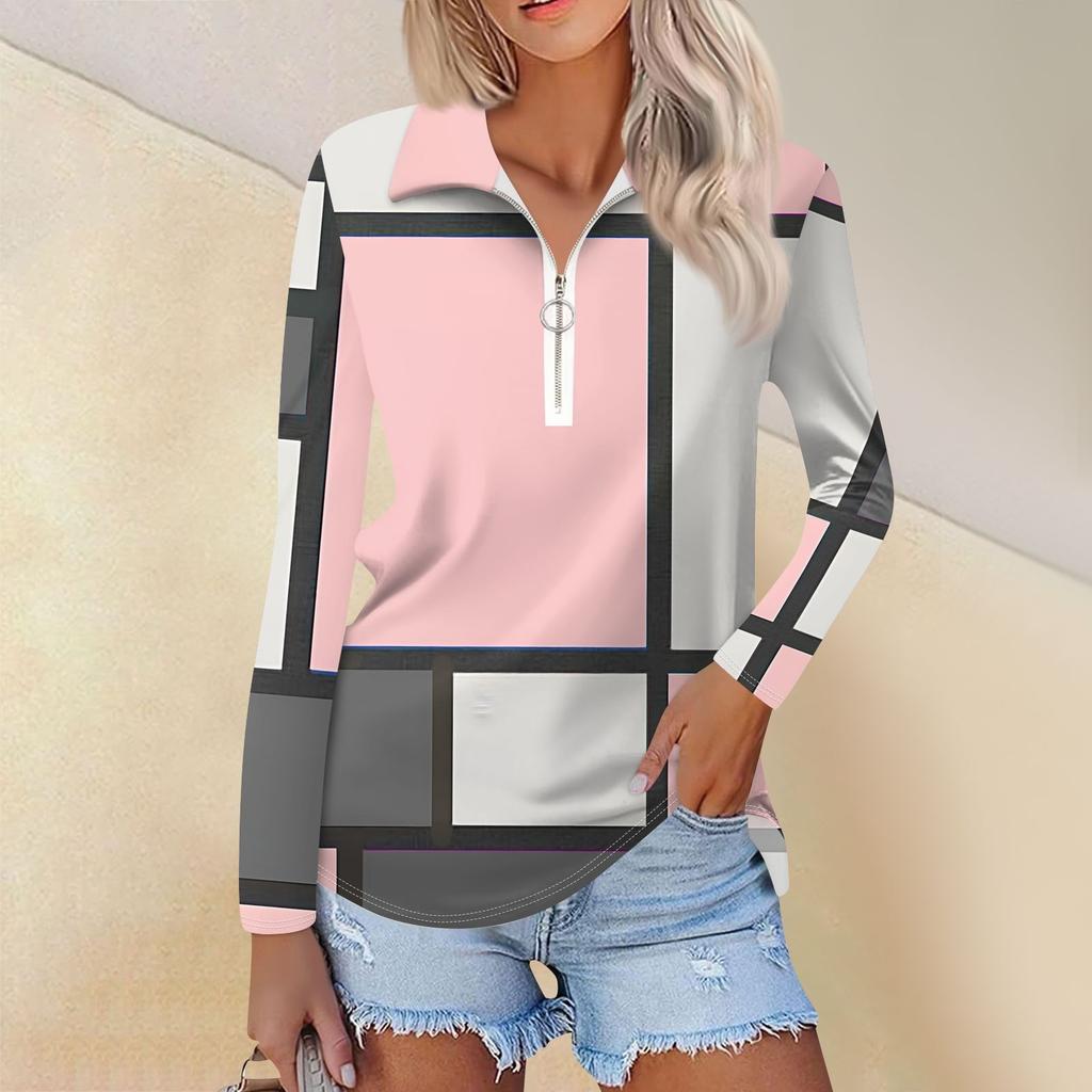 Women's Spring And  Fashion Casual  Printed Zipper V-Neck Long Sleeve Shirt Tops