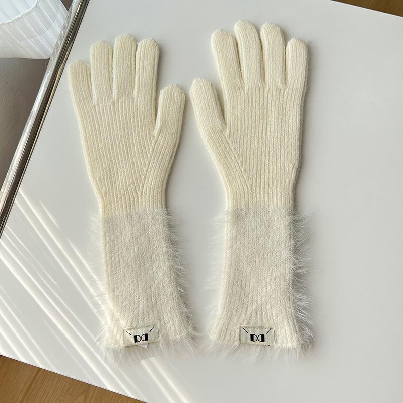 Autumn and winter dopamine solid color warm five-finger gloves versatile knitted cute student girl sweet long cycling sleeves