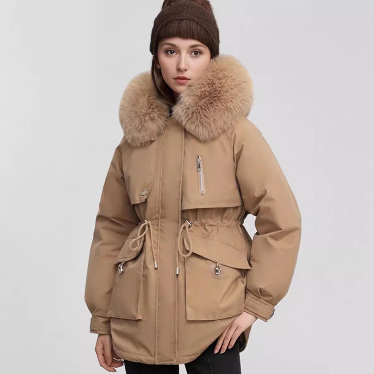 

Women s Parkas 2026 Winter Women s Cotton Jacket Fur Collar Warm Hooded Coats Female Waist Drawstring Slimming Winter Coat XXXL хакі