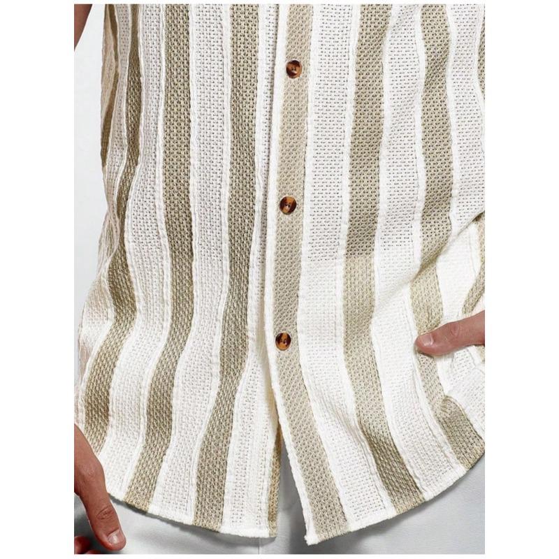 Men Vertical Stripe Hollow Out Cuban Collar Short Sleeve Loose Casual Button Down Shirt