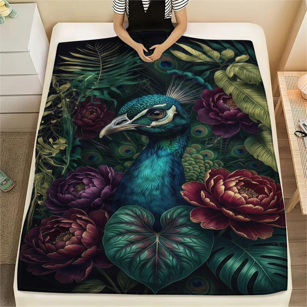 1PC Peacocks and Plants  Print FlAannel Blanket, High quality Comfortable for All Seasons, Home Decor, Warmth and Comfort