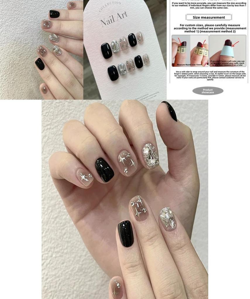 Fashionable Fake Nail Tips With Black Sparkling Water Diamoans And Star Design For Teen Girls And Students
