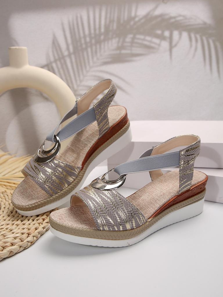 2025 new sandals European and American large-size sandals metal buckle decorative hemp rope wedge heel breathable fish mouth sandals outer wear