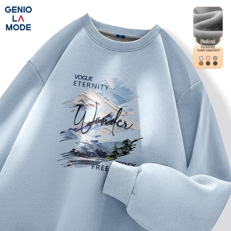 GENIOLAMODE Men's Fleece-Lined Suede Crewneck Sweatshirt