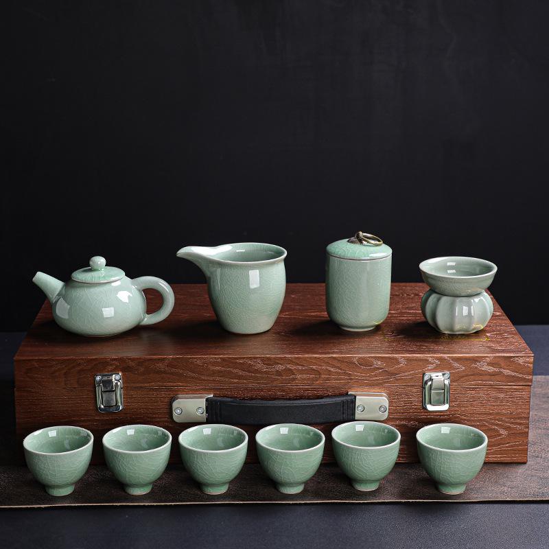Ge Kiln Tea Set Kung Fu Tea High-end Gift Box Souvenir Ceramic Teapot Teacup Kung Fu Household Full Set
