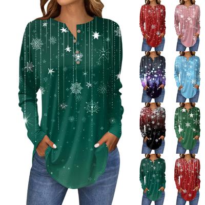 Women's Fashionable Loose-Fit Button-Down Collar Christmas Print Long-Sleeved Top