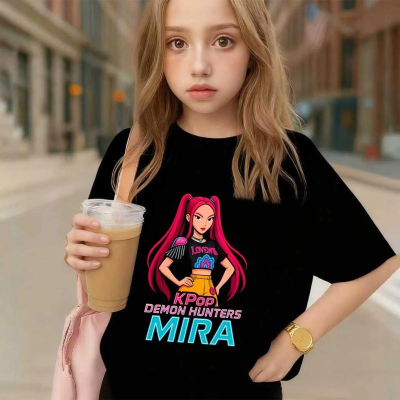 K-Pop Охотники на Демонов Мира Детская Хлопковая Удобная Футболка Подходит для Фанатов K-Pop Футболка с Аниме-Рисунком 110