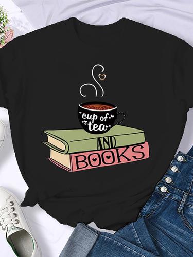 Woman Plus Size Round Neck Half Sleeve T-shirt Printed T-shirt Top New T Shirt Coffee Books Brown Books American Retro T-shirt