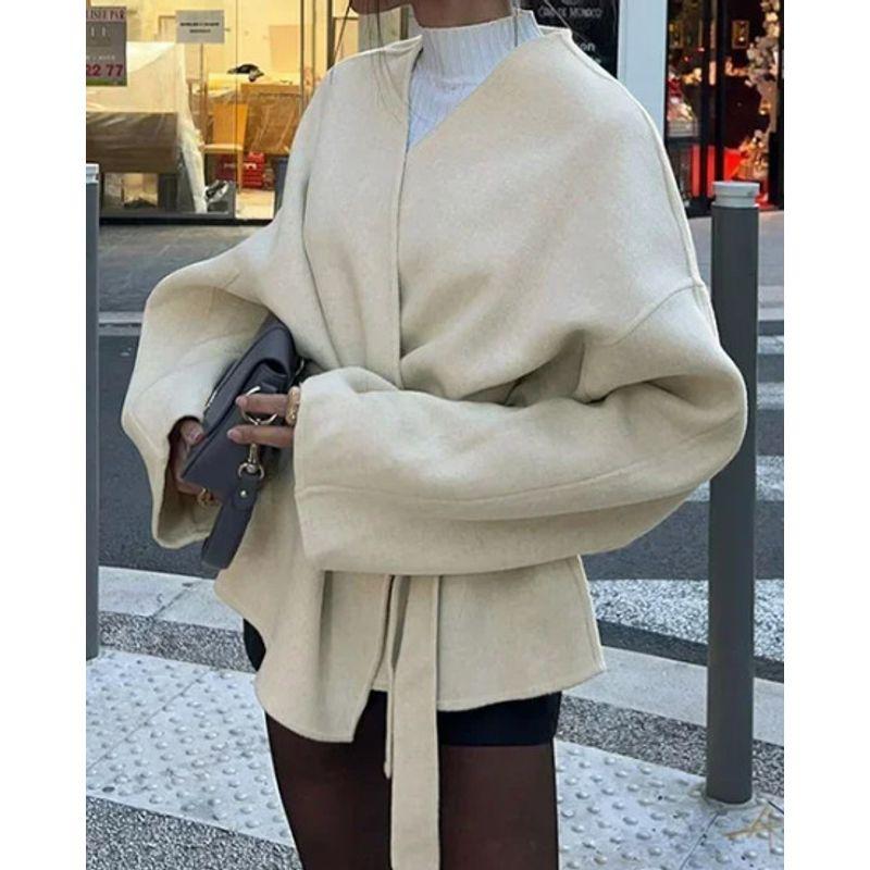 

French style European and American Versatile Temperament Short Outerwear Slim fit V-neck Series Belt Wool Coat Short Jacket Coat V Neck Belt Outwear-apricot L