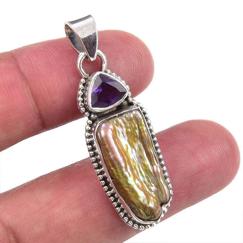 

Natural Biwa Pearl,African Amethyst 925 Solid Sterling Silver Pendant 1.75 O0c48