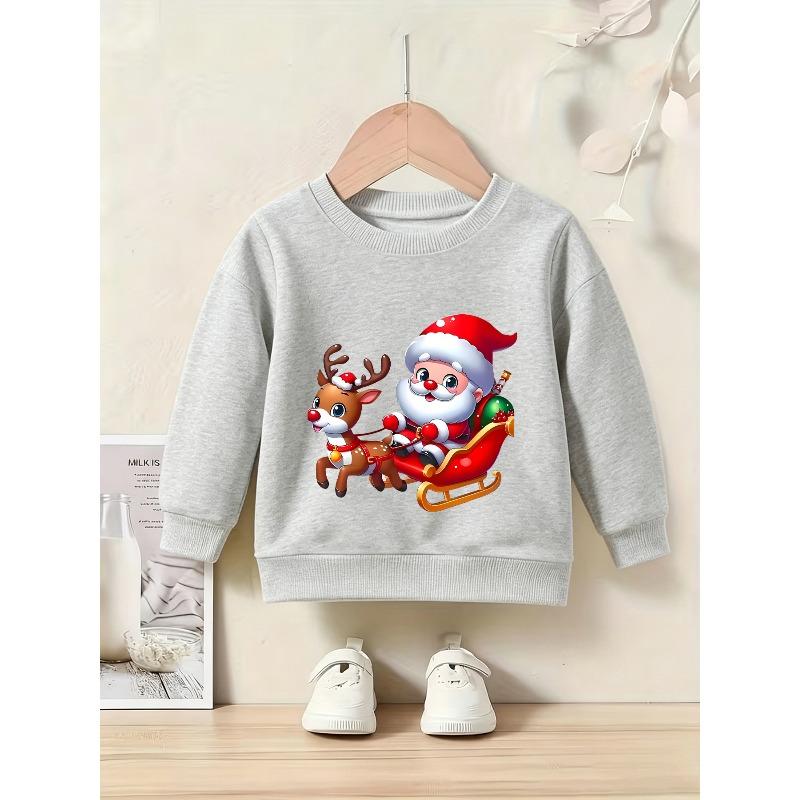 Girls' Christmas-Themed Santa Sleigh Crewneck Sweatshirt, Available in Multiple Colors! Adorable Cartoon Print Features a Cute Reindeer