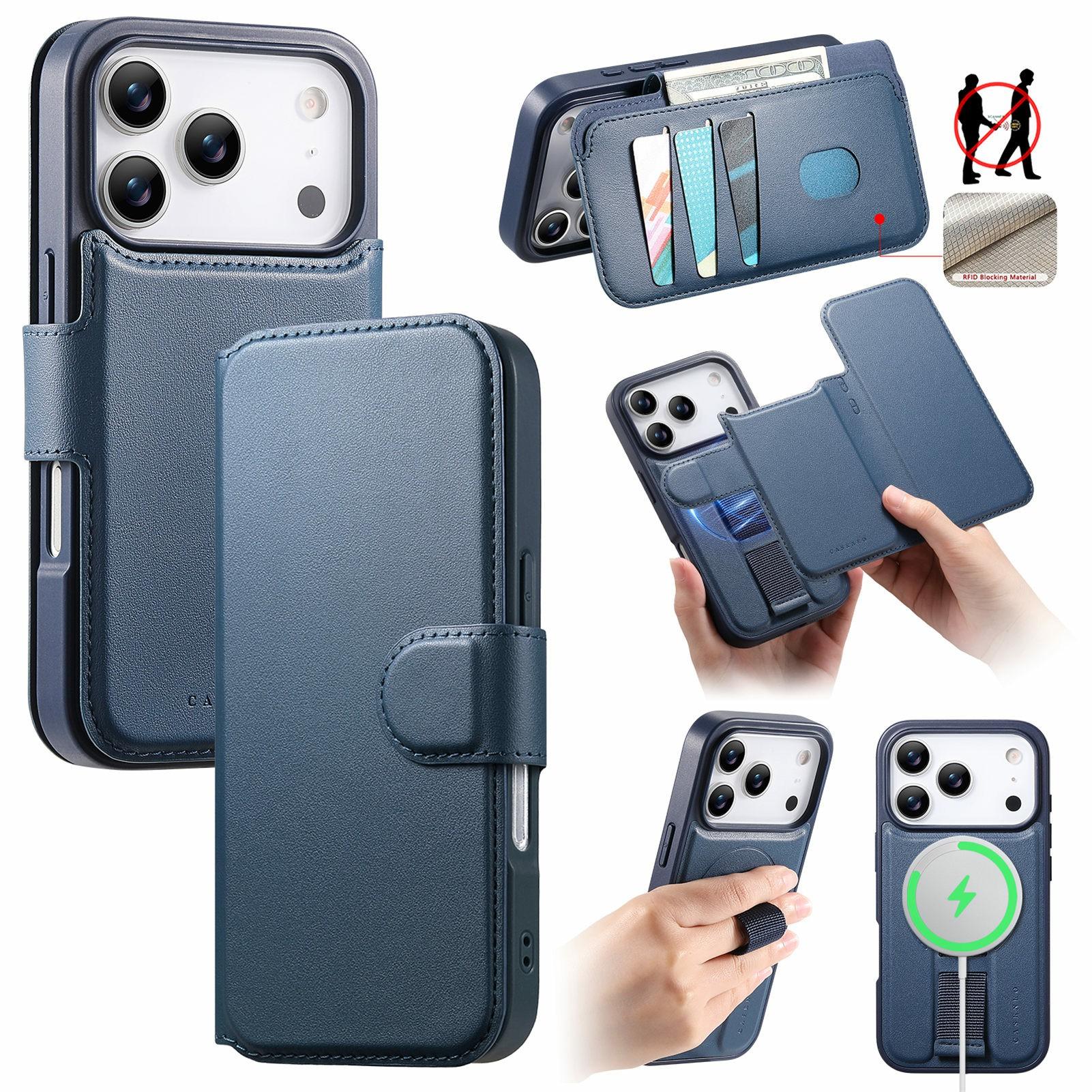 

CASENEO For iPhone 17 Pro Max Magnetic Case RFID Blocking Wallet Detachable Leather Phone Cover with Wristband