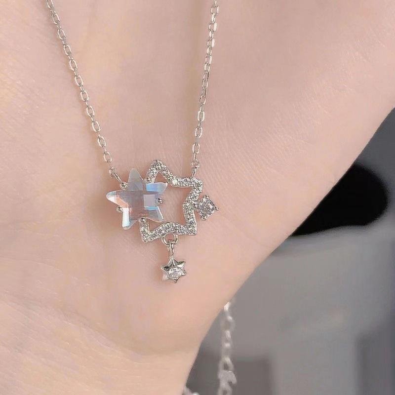 Hult Rhinestone Dobbelt Stjerne Halskæde Kvinder Kraveben Kæde Designfølelse Til Kæreste Fest Smykker Valentinsdag Gave