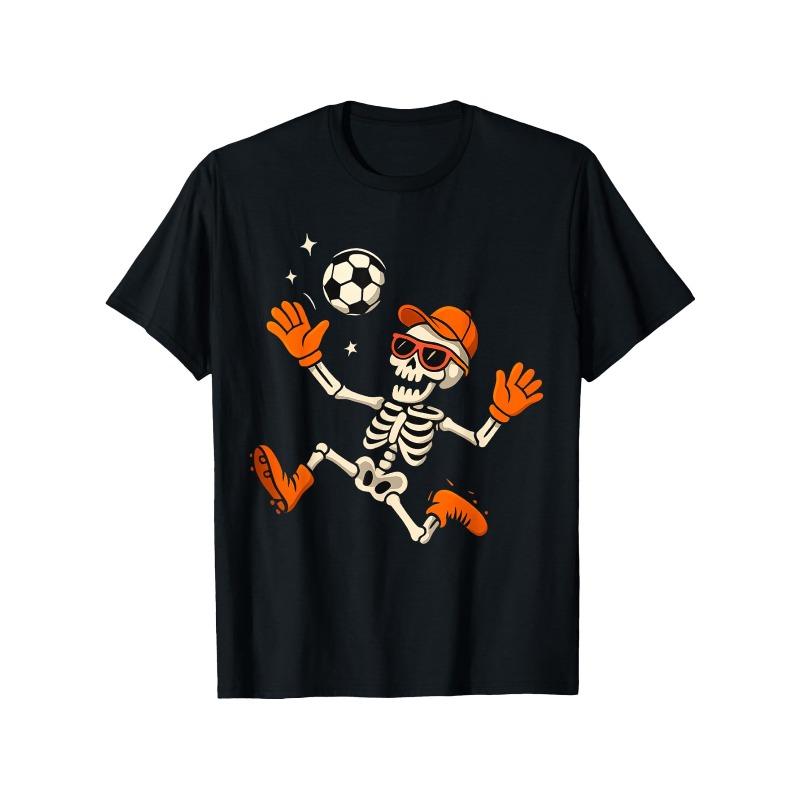 

European Size Halloween Skeleton Soccer Player Sports Fan Graphic T-Shirt, Men s Cotton Graphic T Shirt, Summer Casual Short Sleeve Tee, Crew Neck 4XL чорний