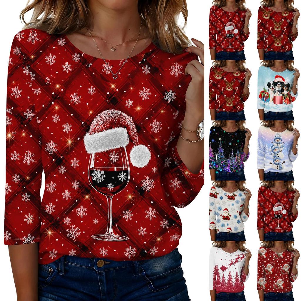 Damen Lässiges Weihnachts-Print-Oberteil mit Dreiviertelärm