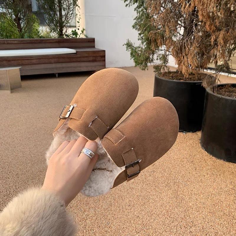 Size 35-45, large size women's shoes 41 wide fat feet thick-soled velvet bag head slippers women's autumn and winter heel-less Muller shoes 42