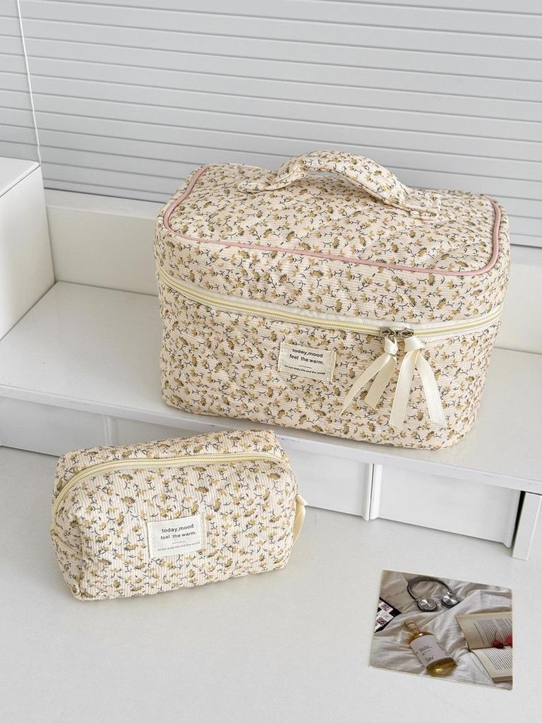 Korean Style Yellow Floral Corduroy Makeup Bag - Large Capacity Wash Bag