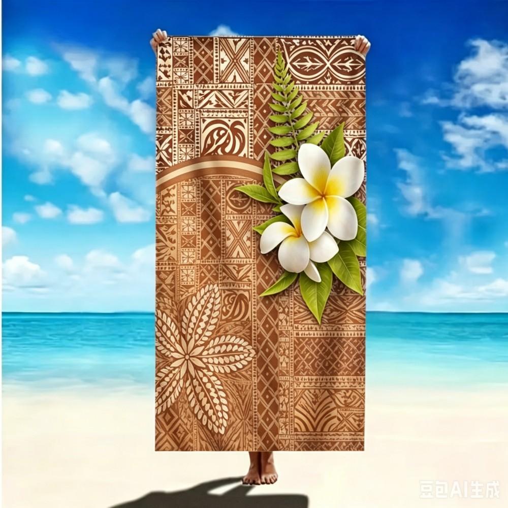 Bohemian Polynesian Towel Large Ethnic Tapa Pattern with Plumeria Flowers Microfiber Towel for Vacation