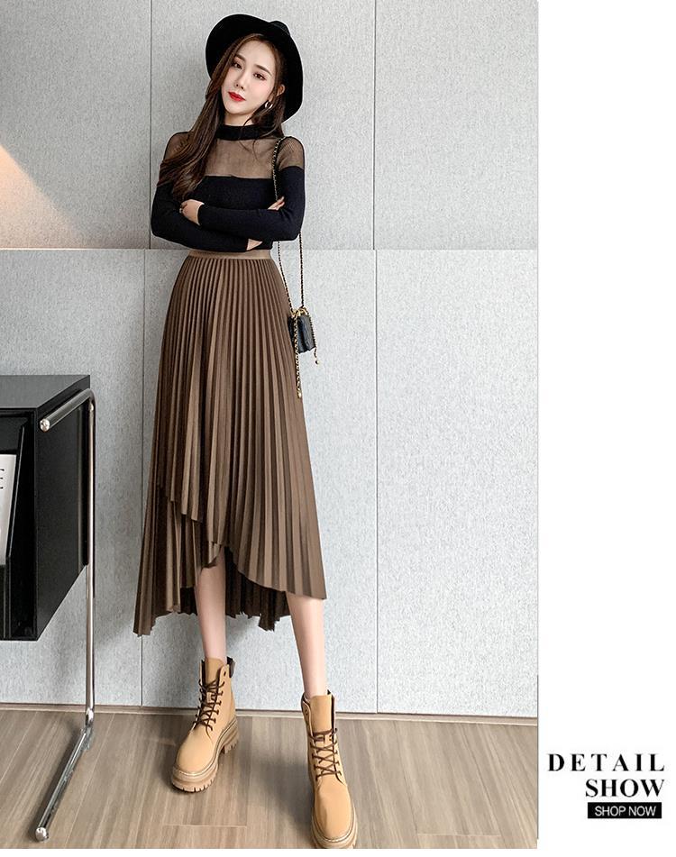 Retro Maillard Midi Skirt: High-Low A-Line Pleated Design for Women, Autumn Collection