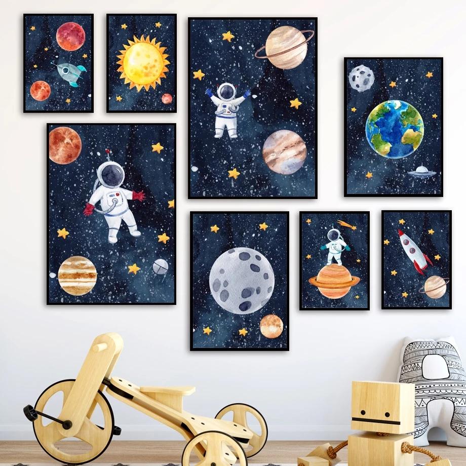 Custom Kids Name Wall Art Poster Print Space Rocket Astronaut Planet Nursery Canvas Painting Personalized Wall Art Painting Art