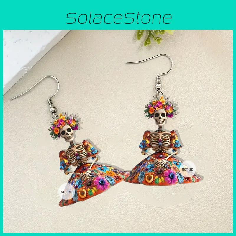 Halloween Flower And Skull Pattern Women Earrings For Fashionable Womens Costume Accessory