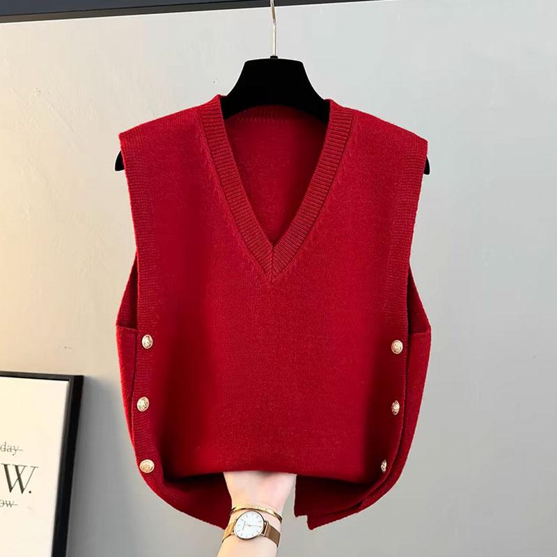 

Осень Зима 2025 Безрукавный Вязаный Пуловер Женский Свитер Жилет Модный Элегантный V-образный Вырез Свободный Верхняя Одежда Повседневный Универсальный Майки Офисная Одежда one size красный