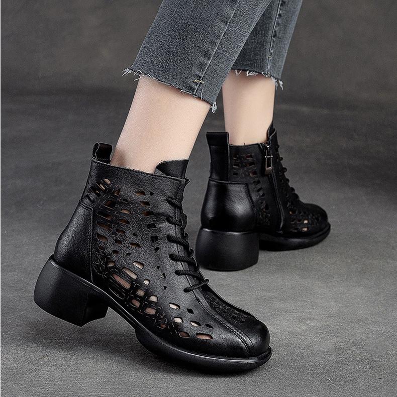 Johnature Stivali traspiranti scavati estivi Sandali con punta tonda retrò in vera pelle Scarpe con tacco medio da donna