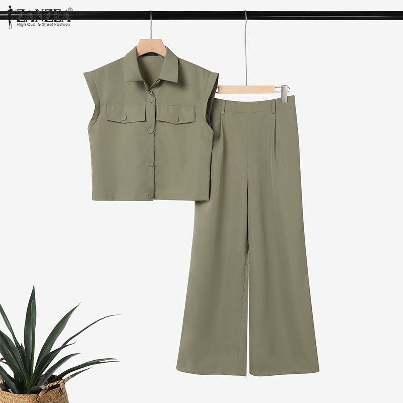 ZANZEA Conjuntos de traje casual de dos piezas con blusa y pantalones de manga corta para mujer